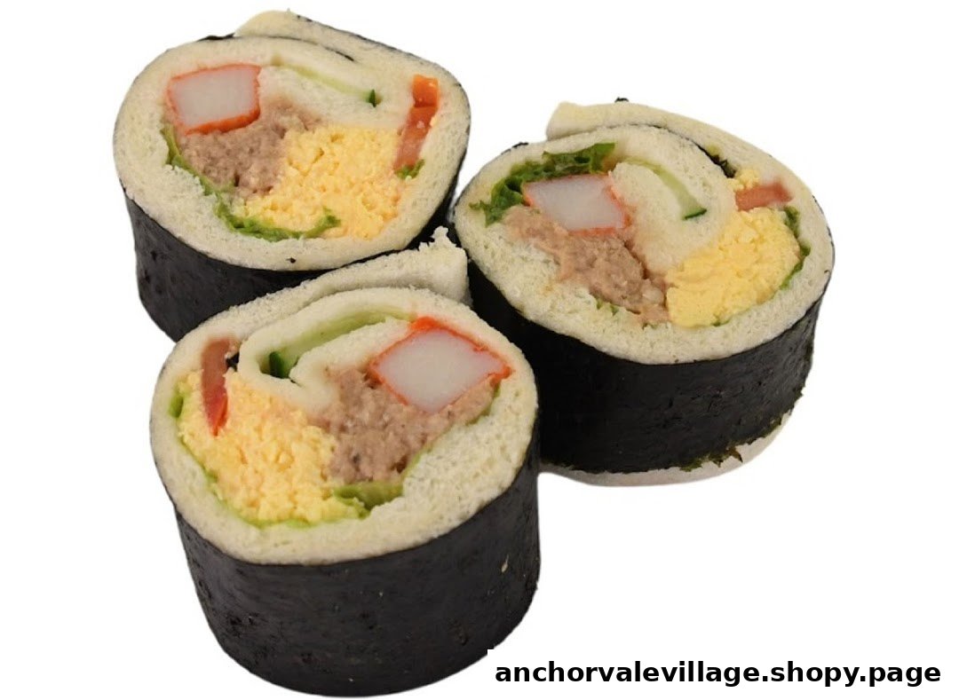 Three unique sandwich rolls wrapped in seaweed, filled with crab stick, tuna, and egg.