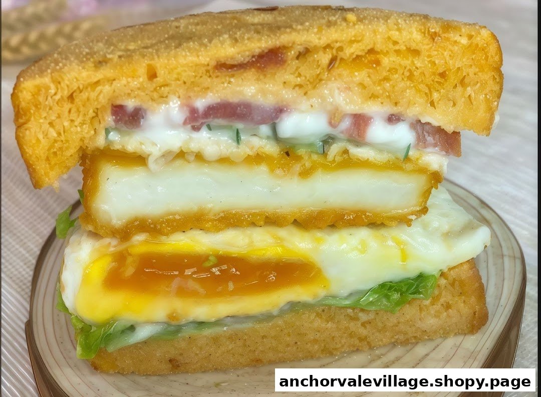 A close-up of a delicious, layered sandwich featuring eggs, bacon, and fresh greens.