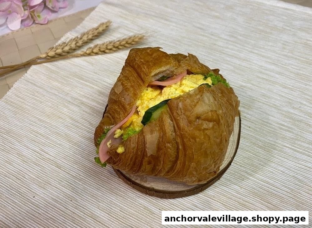 A golden croissant sandwich filled with scrambled eggs, ham, and fresh vegetables.