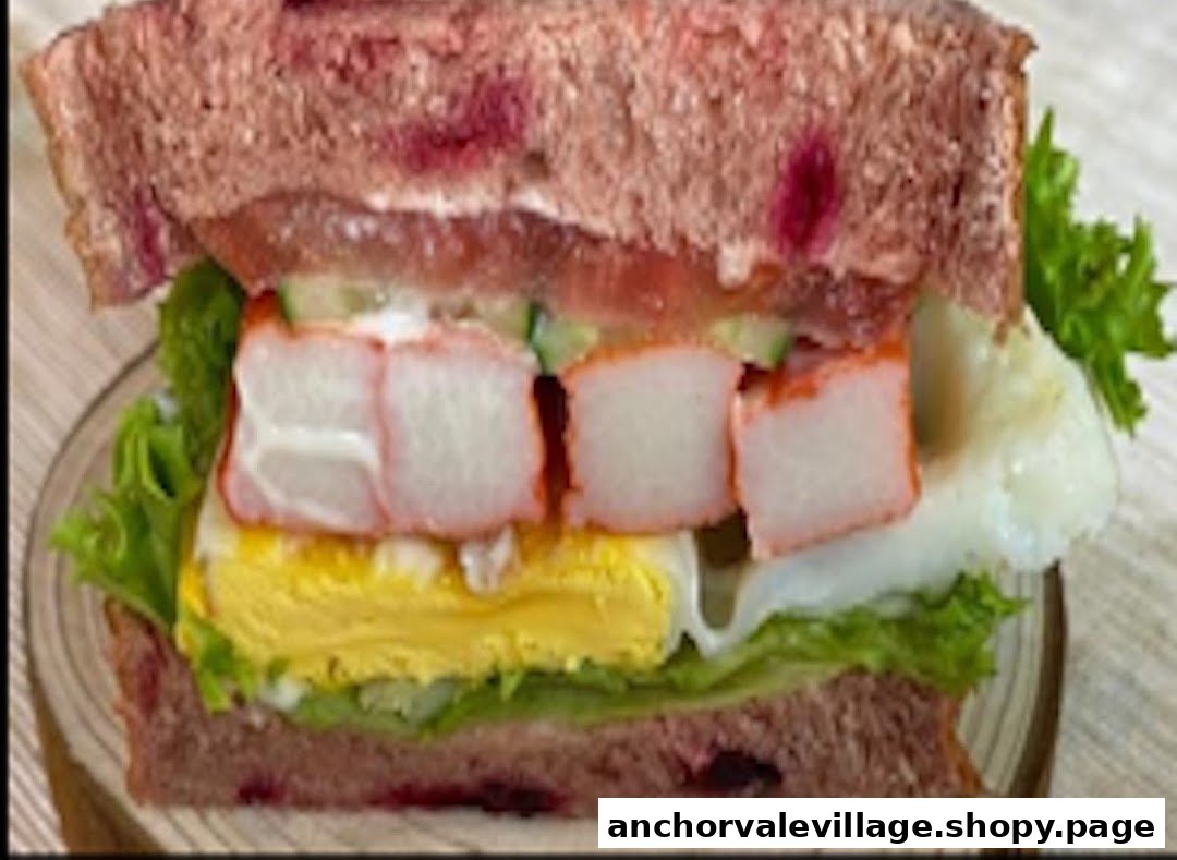 A vibrant sandwich featuring crab sticks, egg, lettuce, and tomato on purple bread.