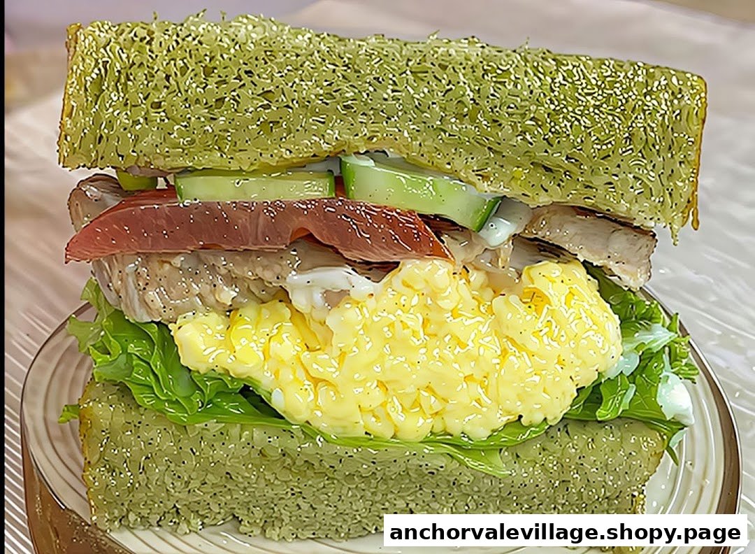 A vibrant green sandwich filled with scrambled eggs, meat, lettuce, and vegetables.