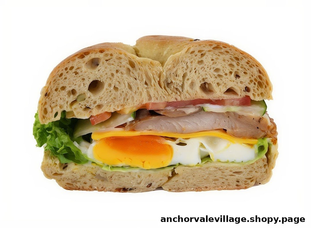 A cross-section view of a hearty sandwich filled with egg, cheese, meat, and fresh vegetables.