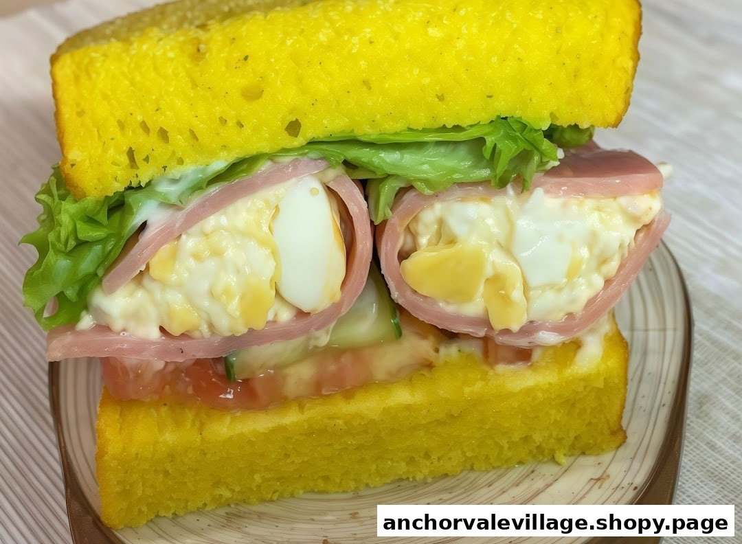 A close-up of a vibrant yellow bread sandwich filled with ham, egg salad, lettuce, tomato, and cucumber.