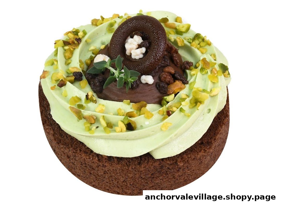 A decadent chocolate tart topped with green cream, pistachios, and chocolate garnishes.
