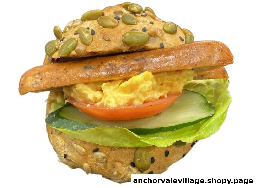 A close-up of a sandwich with a seeded bun, sausage, scrambled egg, tomato, and cucumber.