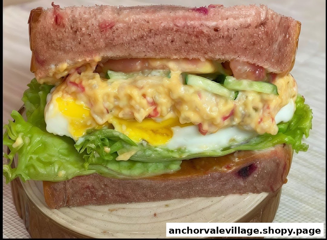 A close-up of a colorful sandwich with pink bread, egg, lettuce, and creamy filling.