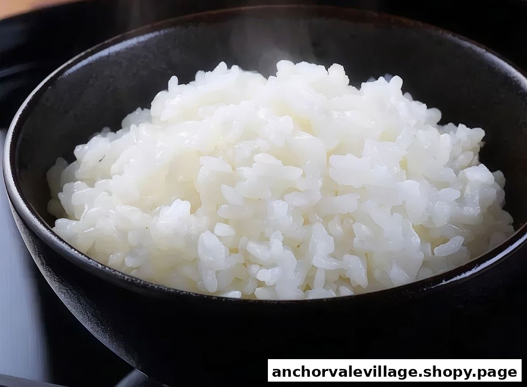 A close-up of a bowl of steaming white rice in a dark ceramic bowl.