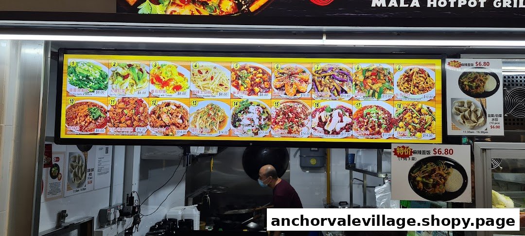 A vibrant menu display board showcasing various Mala Hotpot and Grilled Fish dishes with prices.