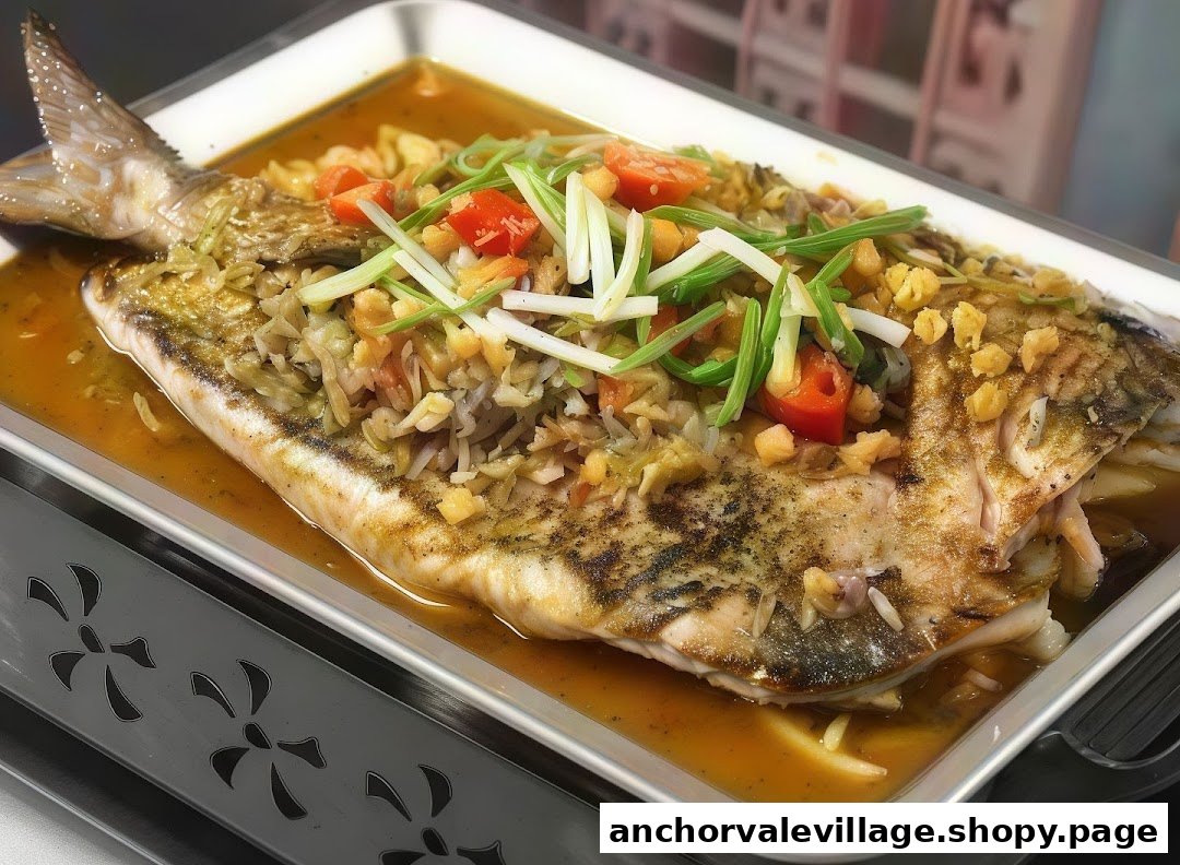 A beautifully presented grilled fish dish, garnished with fresh vegetables and crispy toppings in a savory sauce.