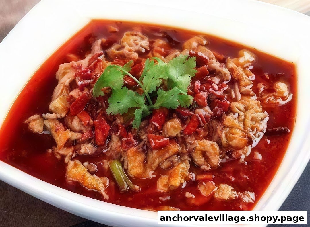 A vibrant, spicy dish featuring tender fish or meat in a rich red sauce, garnished with fresh cilantro.