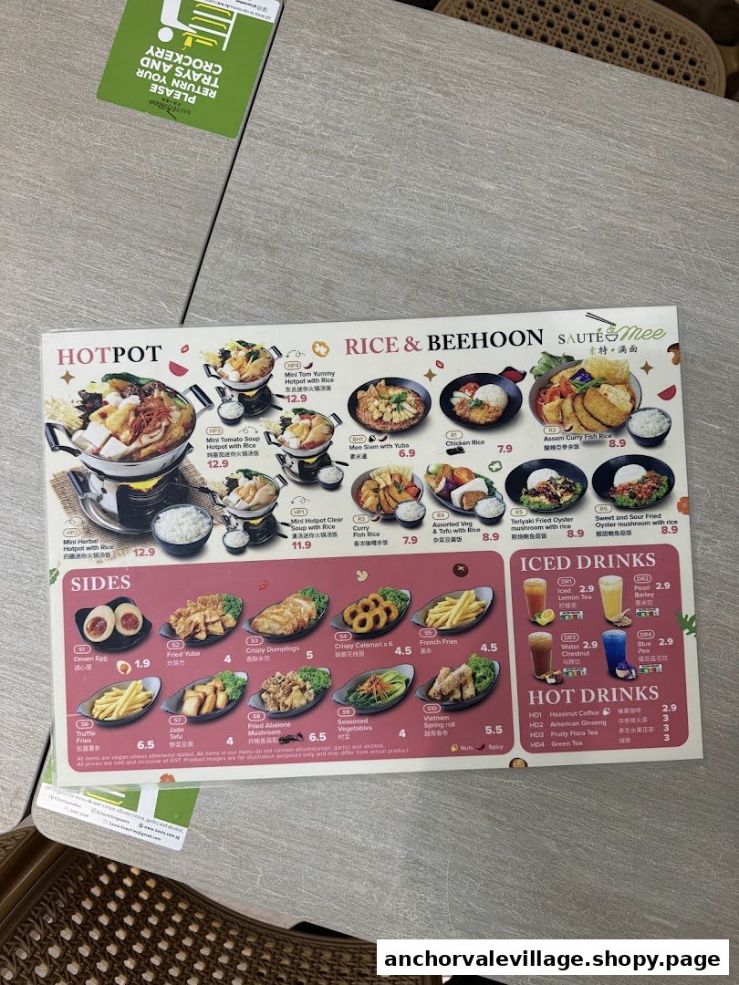 A detailed menu displaying hotpot, rice, beehoon, sides, and drinks from Saute Mee.