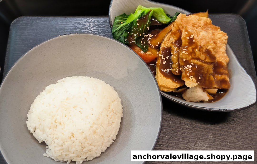 A delicious vegetarian dish featuring rice, braised vegetables, and tofu skin on a tray.