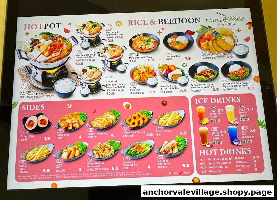 A vibrant menu displaying a variety of vegan hotpot, rice, noodle dishes, sides, and drinks.