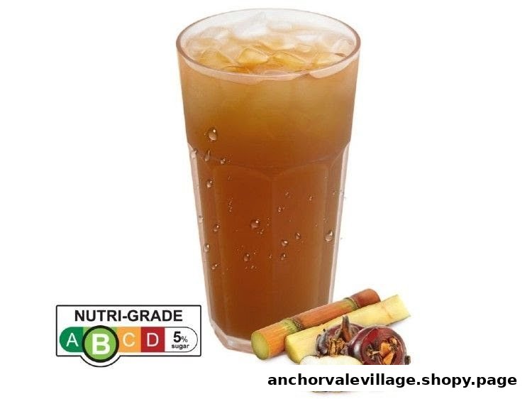 An iced drink with sugarcane, water chestnuts, and a Nutri-Grade label.