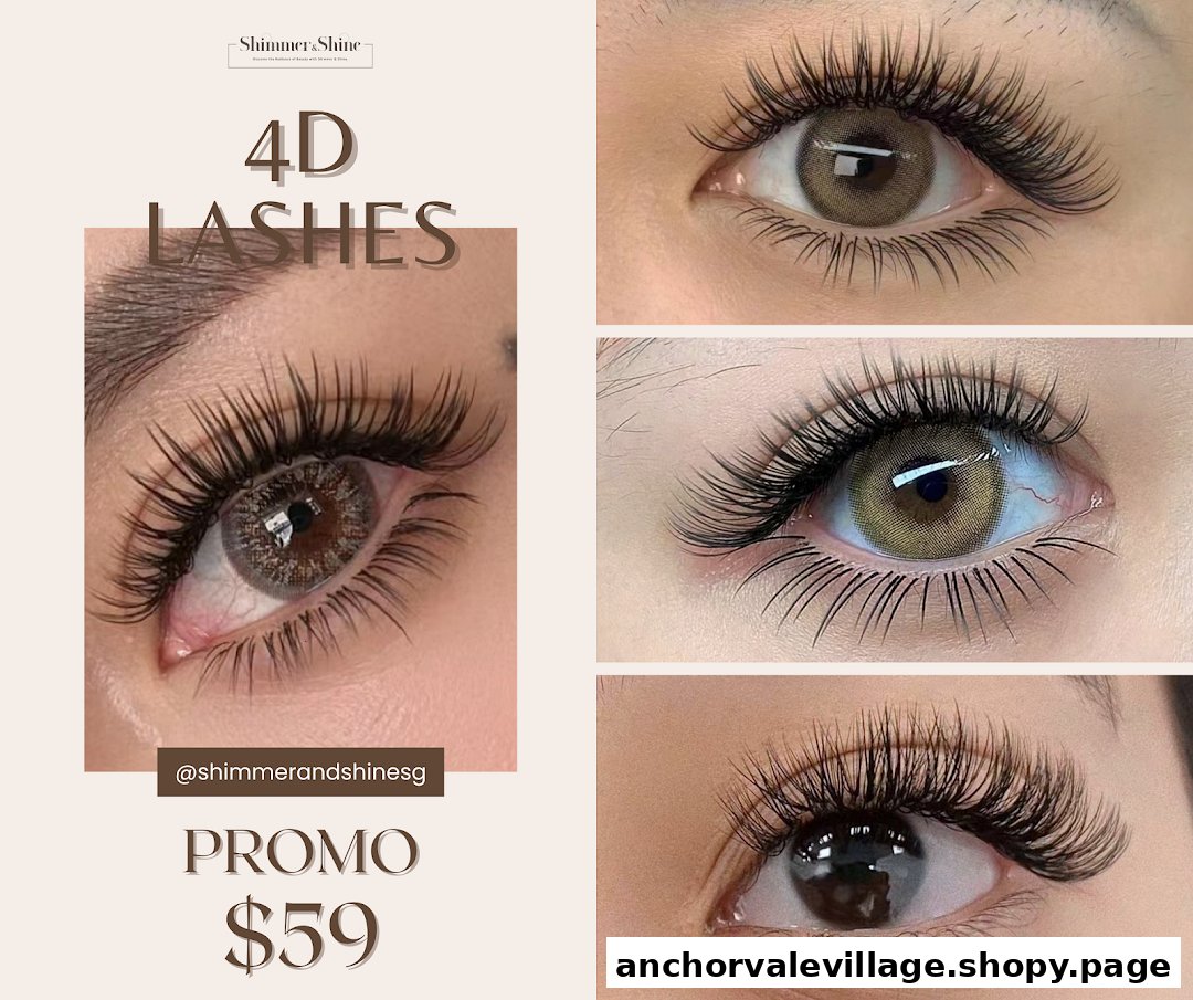 Close-up images showcasing 4D eyelash extensions with a promotional price of $59.
