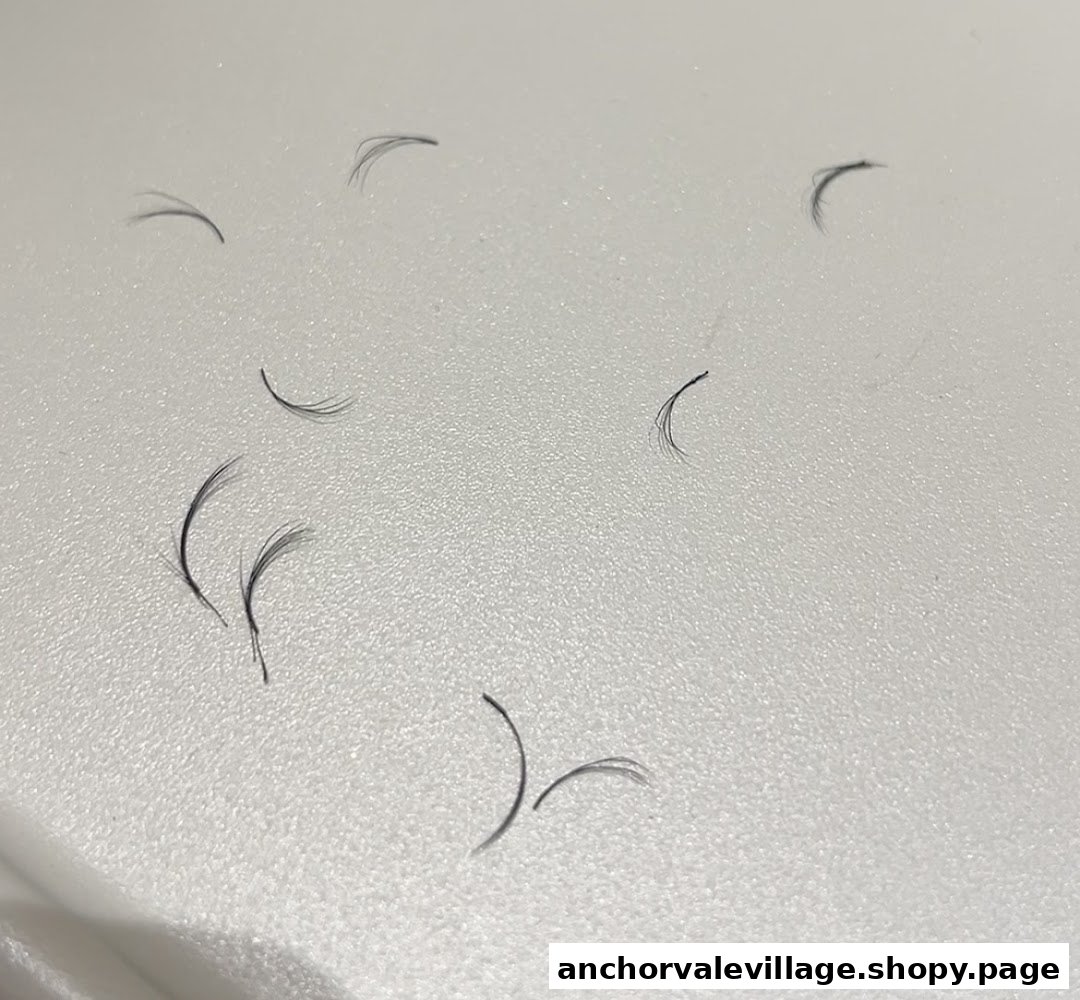Close-up of individual black eyelashes, likely components for lash extension services.