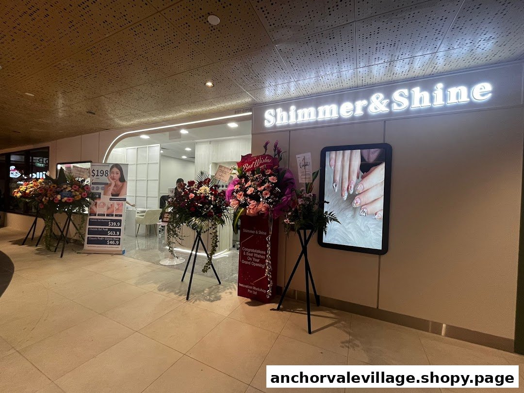 The shop front of Shimmer & Shine, adorned with grand opening flowers and a promotional banner displaying nail service prices.