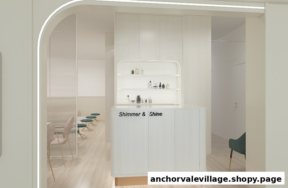 A bright, modern interior of Shimmer & Shine, featuring a clean reception counter with product displays and comfortable seating.