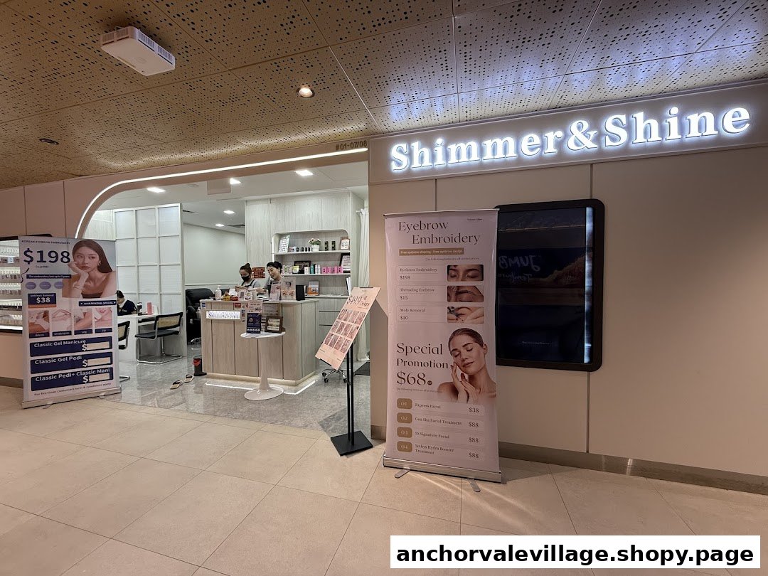The brightly lit entrance of Shimmer & Shine, a beauty salon offering eyebrow, nail, and facial services.