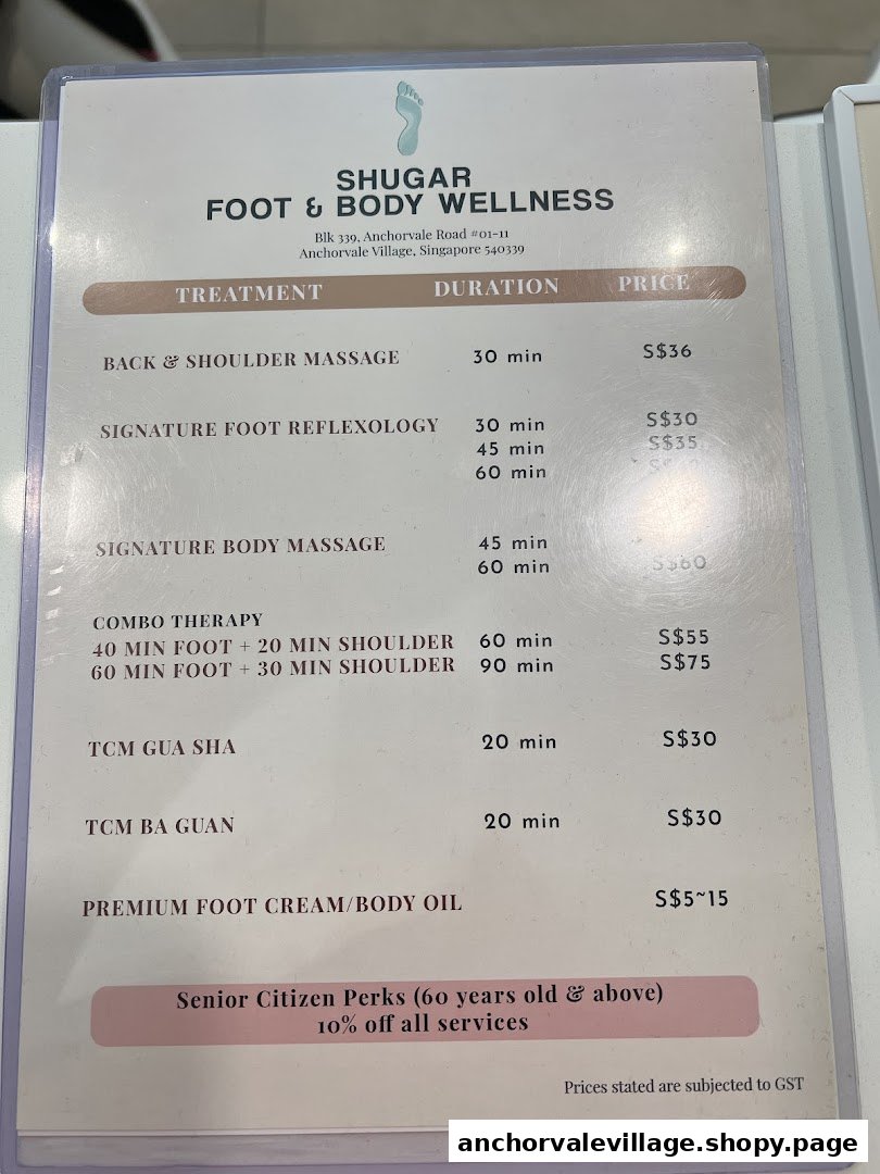 A detailed price list for foot and body wellness treatments offered by Shugar Foot & Body Wellness.
