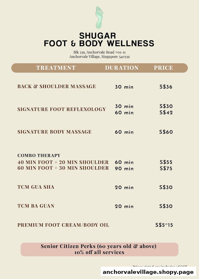 A detailed price list for wellness treatments and products offered by Shugar Foot & Body Wellness.