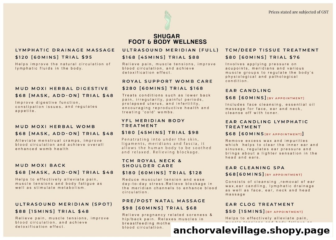 A detailed price list for various foot and body wellness treatments offered by Shugar.