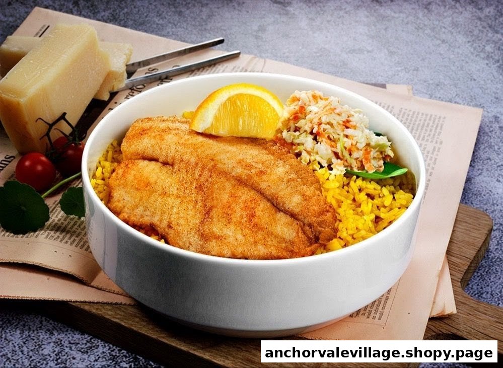 A bowl of golden-fried fish fillets served with vibrant yellow rice, coleslaw, and a lemon wedge.