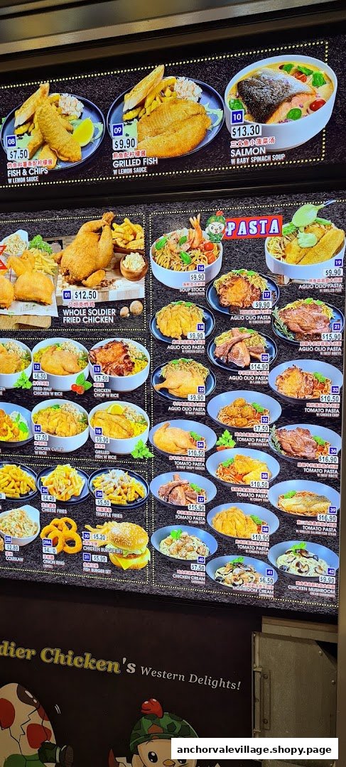 A brightly lit digital menu board displaying a variety of Western dishes including chicken, fish, pasta, and sides.