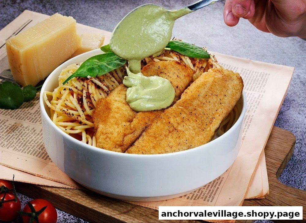 A bowl of spaghetti with fried fish fillets, topped with green sauce, and a side of cheese.