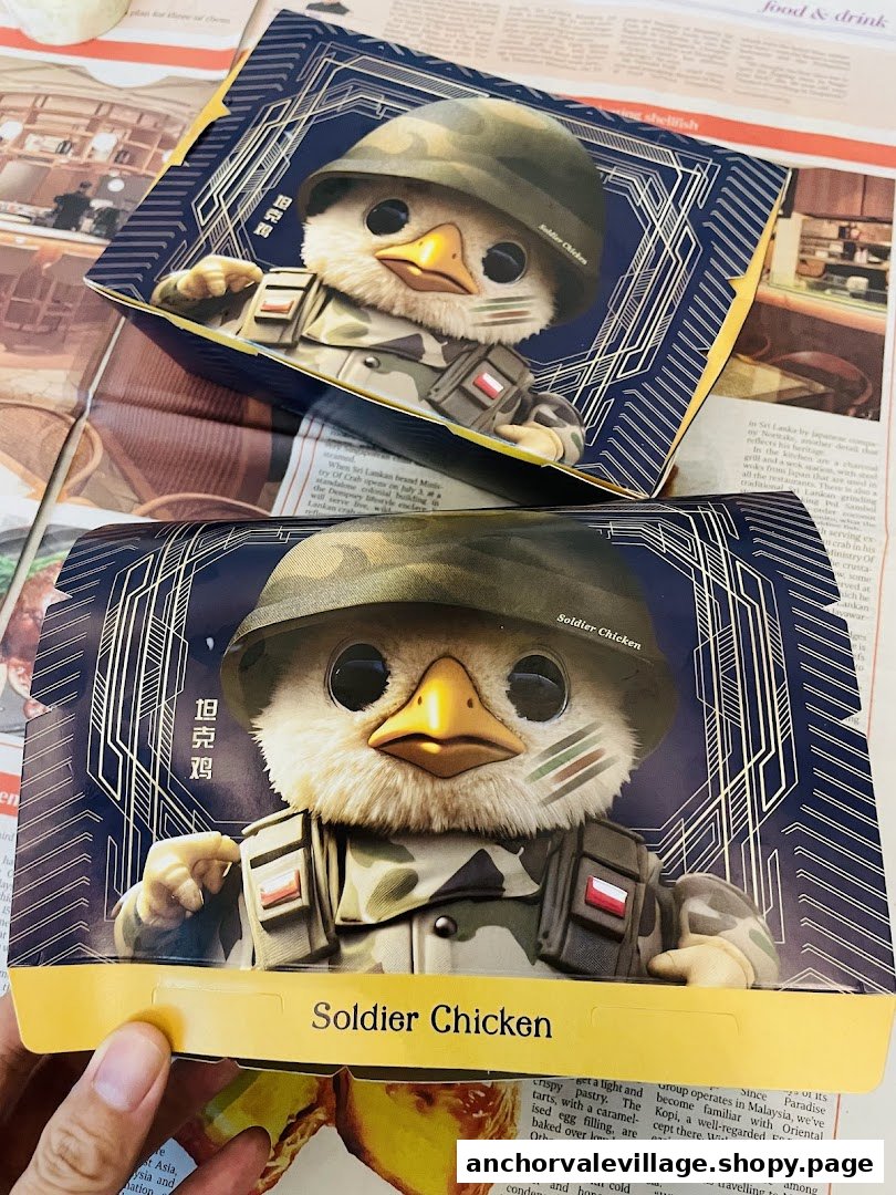 Two takeaway boxes from Soldier Chicken featuring a cute cartoon chicken in a soldier uniform.