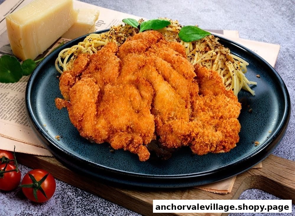 A plate of crispy fried chicken cutlets served with spaghetti and fresh basil.