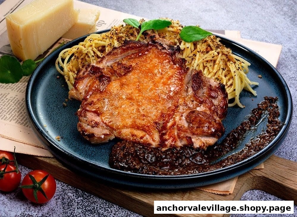 A plate featuring a golden-brown grilled chicken thigh, spaghetti, a rich dark sauce, and fresh garnishes.