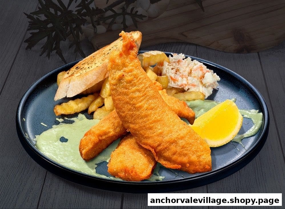 A plate of golden-fried fish fillets with crispy fries, coleslaw, garlic bread, and a lemon wedge.