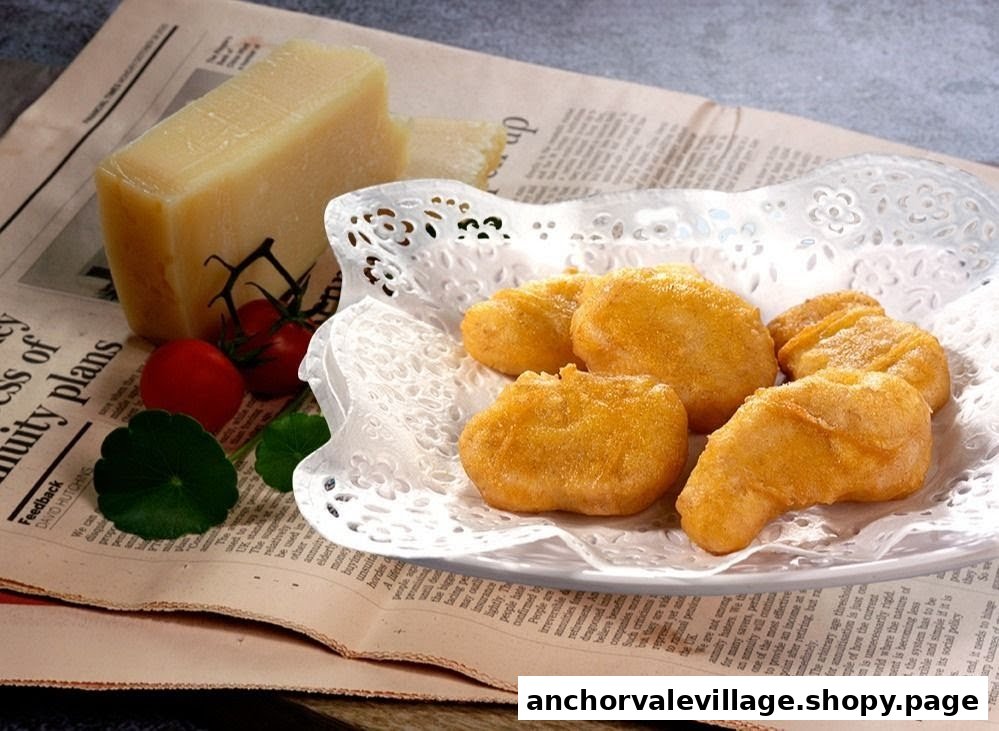 A plate of golden-fried nuggets served on a doily, accompanied by cheese, tomatoes, and greens on a newspaper.