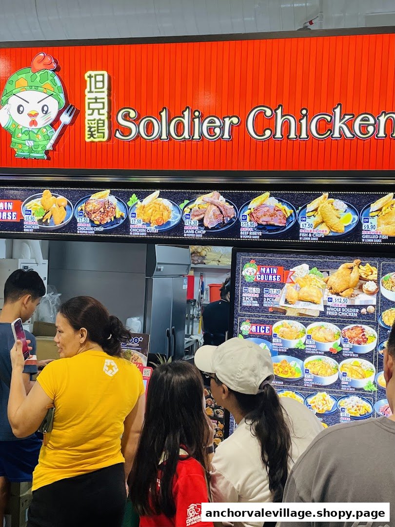 A vibrant image of Soldier Chicken's menu board, showcasing various dishes and prices, with customers browsing.