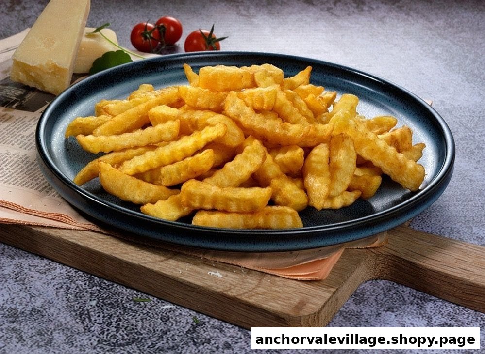 A plate of golden, crispy crinkle-cut french fries on a dark blue dish, with cheese and tomatoes in the background.