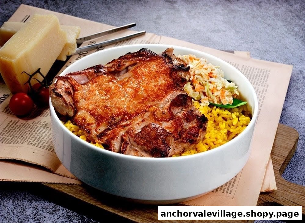 A close-up of a grilled chicken thigh with yellow rice and coleslaw in a white bowl.