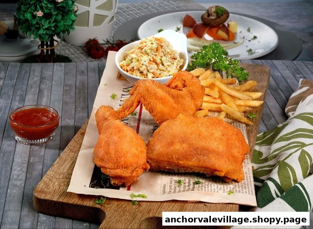 A delicious platter of golden fried chicken, crispy fries, and creamy coleslaw served on a rustic wooden board.
