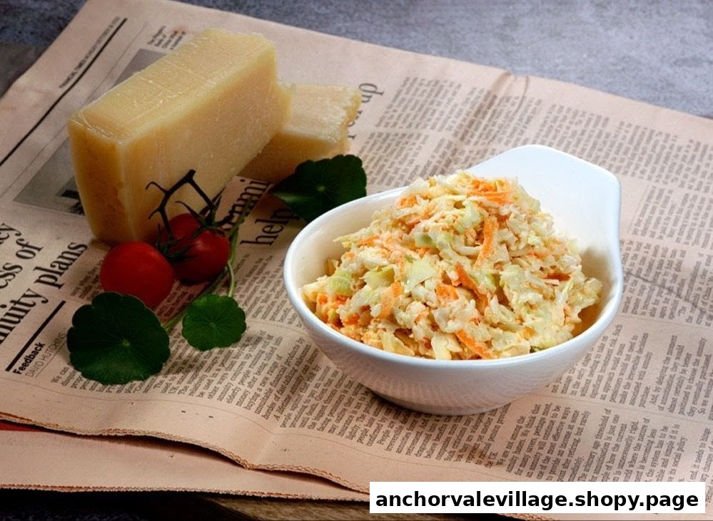 A fresh bowl of coleslaw with cheese, tomatoes, and greens on a newspaper background.