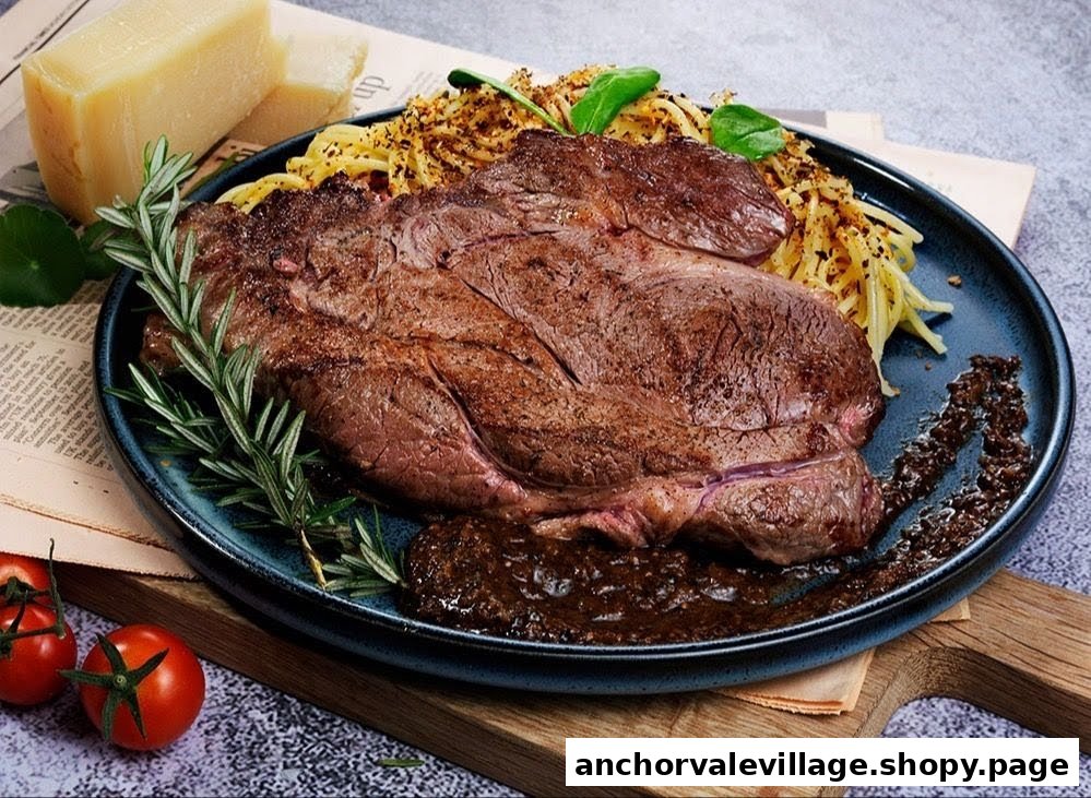 A perfectly cooked steak served with pasta, rich sauce, and fresh rosemary on a dark plate.