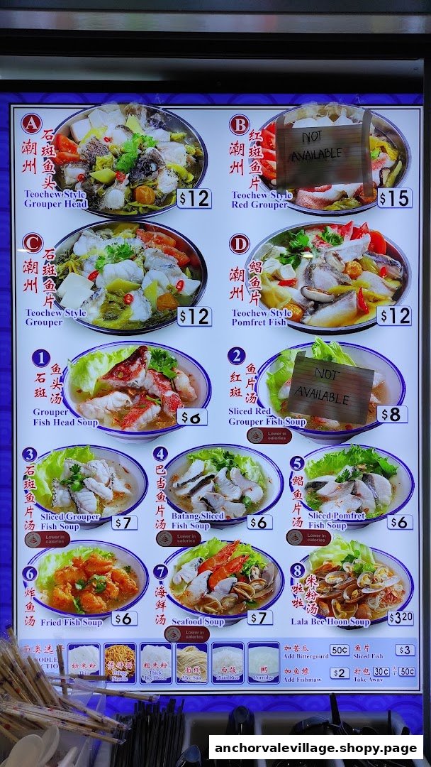 A digital menu board displaying various fish soup dishes and their prices.