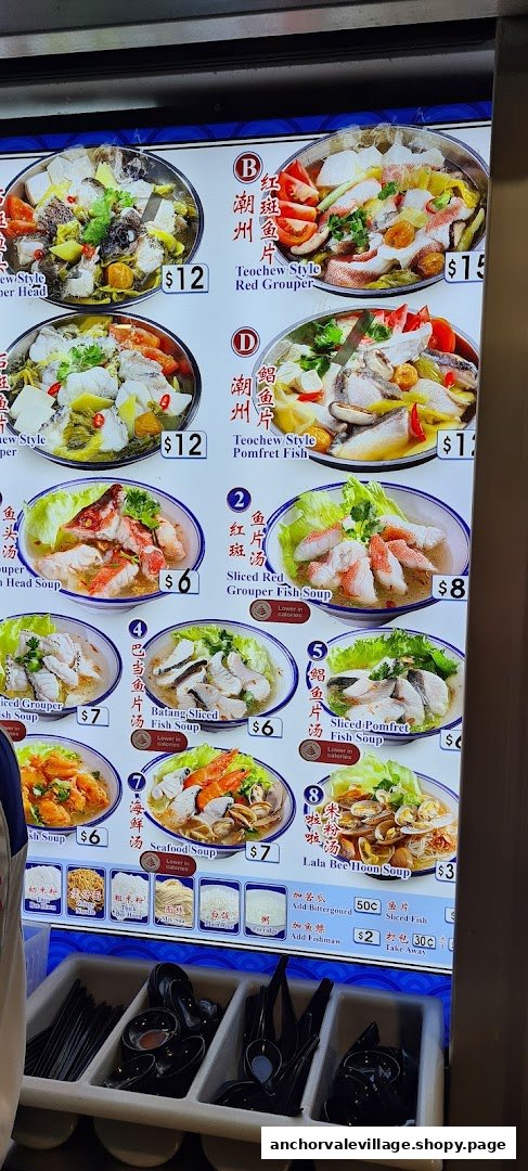 A vibrant menu board showcasing various Teochew-style fish and seafood soup dishes with prices.