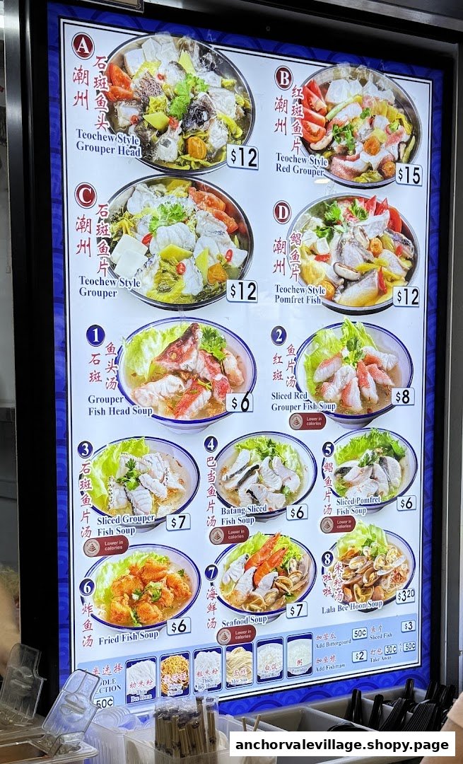 A digital menu board displaying various fish soup dishes with images and prices.