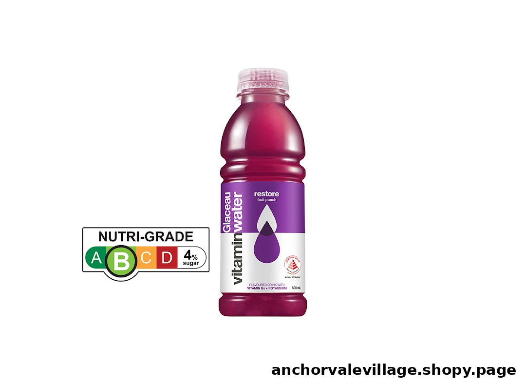 A bottle of Glaceau Vitaminwater 'restore' fruit punch with a Nutri-Grade B label.