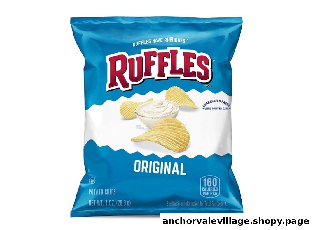 A blue bag of Ruffles Original potato chips, featuring the brand logo and product details.