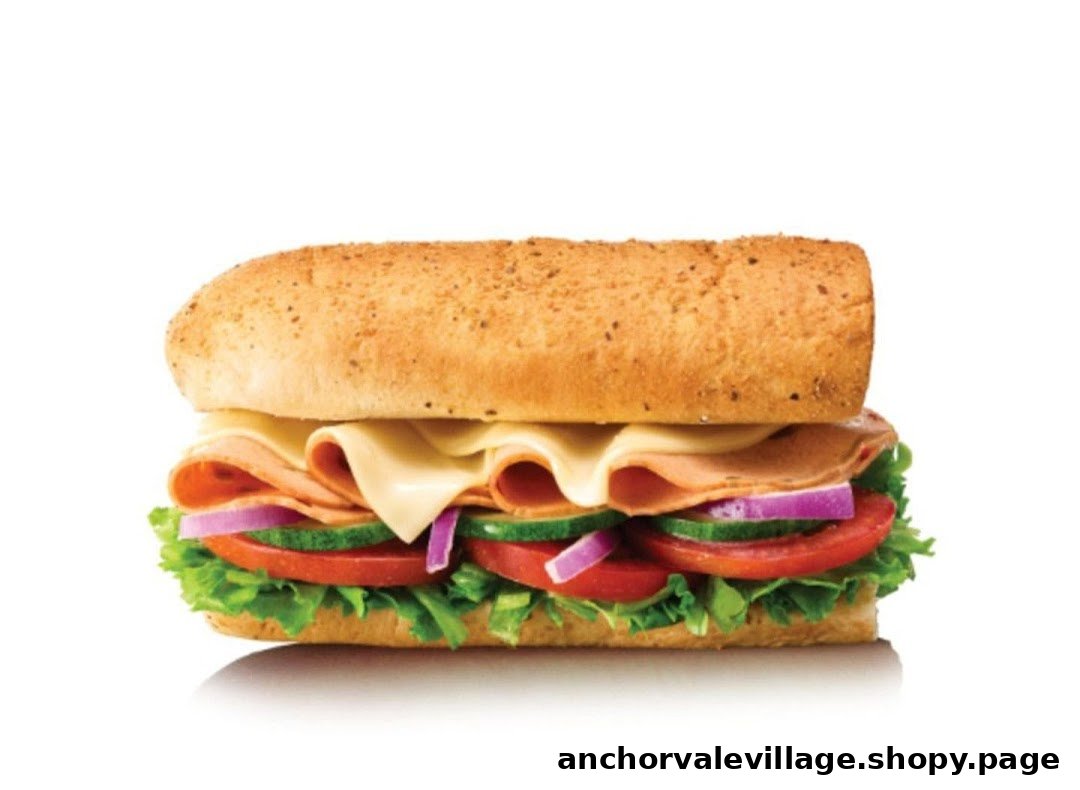 A fresh Subway sandwich filled with turkey, cheese, lettuce, tomatoes, cucumbers, and red onions.