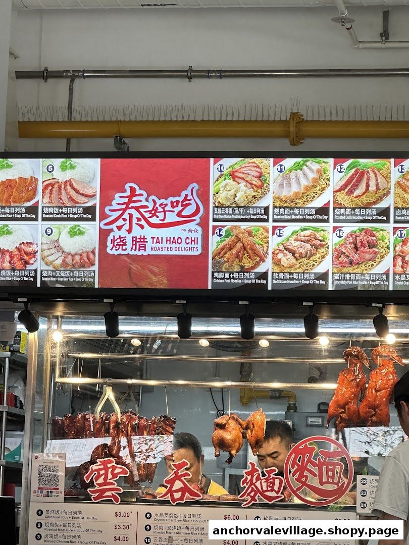 A vibrant roasted delights stall showcasing its extensive menu board, fresh roasted meats, and staff.