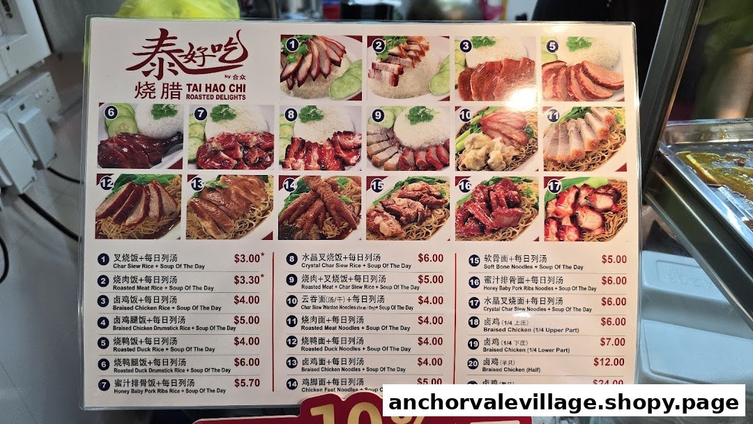 A comprehensive menu board displaying various roasted meat and braised chicken dishes with prices and images.