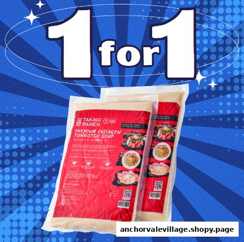 Two packages of Takagi Ramen Premium Collagen Tonkotsu Soup with a prominent '1 for 1' promotion.