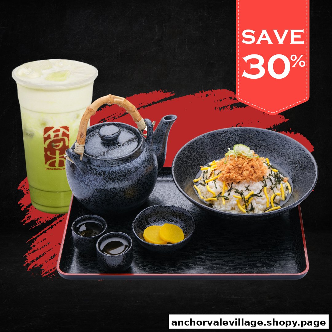 A Japanese meal set featuring rice, tea, and a green drink, with a 'Save 30%' promotion.